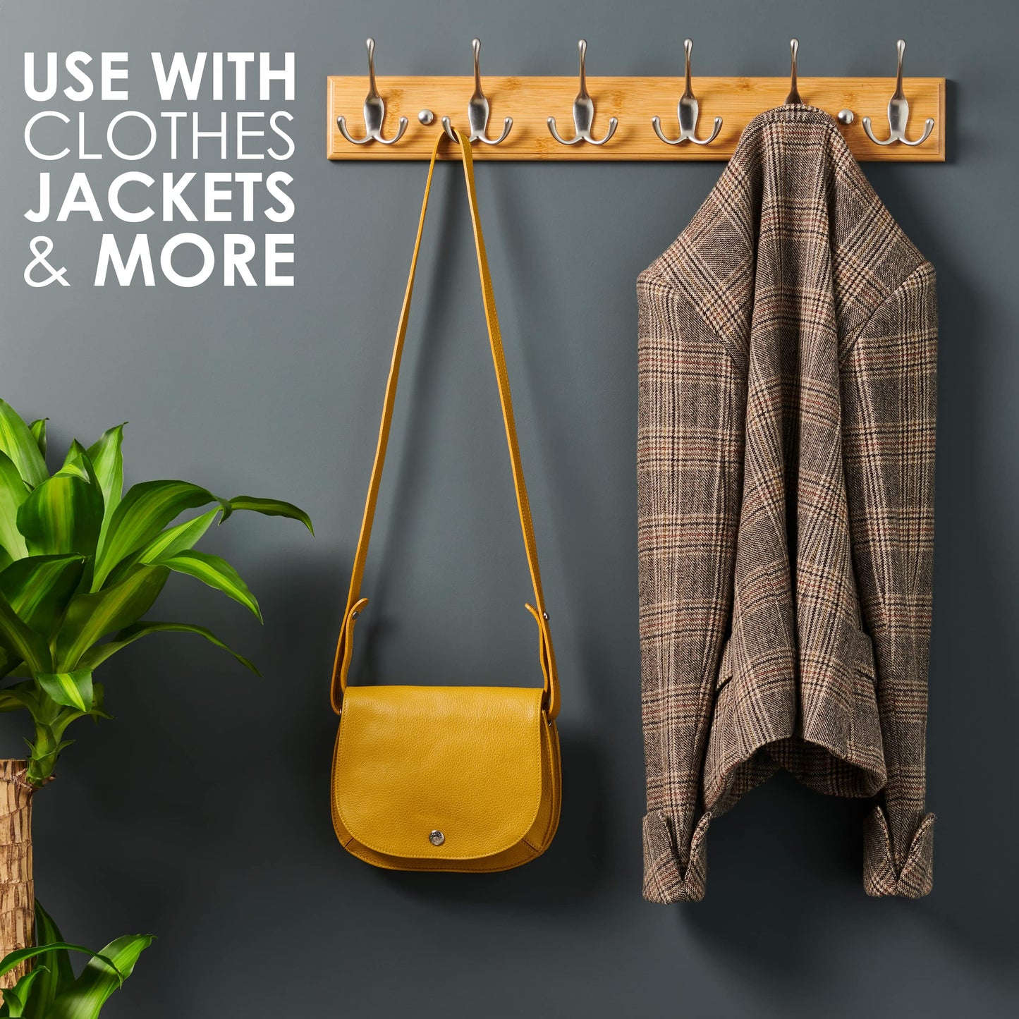 LARHN Wooden Wall-Mounted Coat Rack - 6 Matt-Nickel Coat Hooks, 59cm