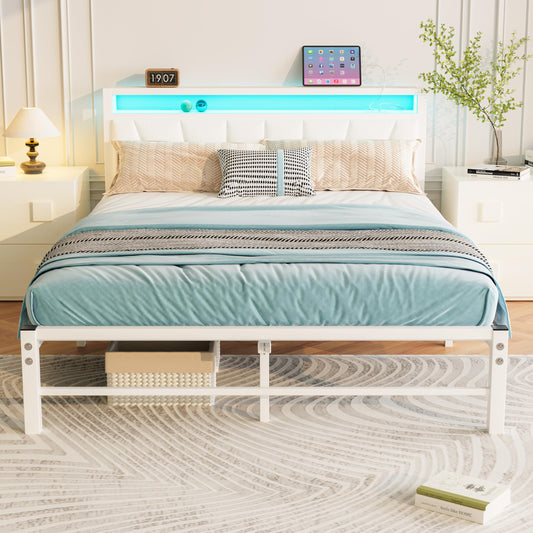 BORPHOM White Double Bed Frame with Storage and LED Lights,4ft6 Metal Platform Bed Frame Double Size Bed Base with Charging Station,Mattress