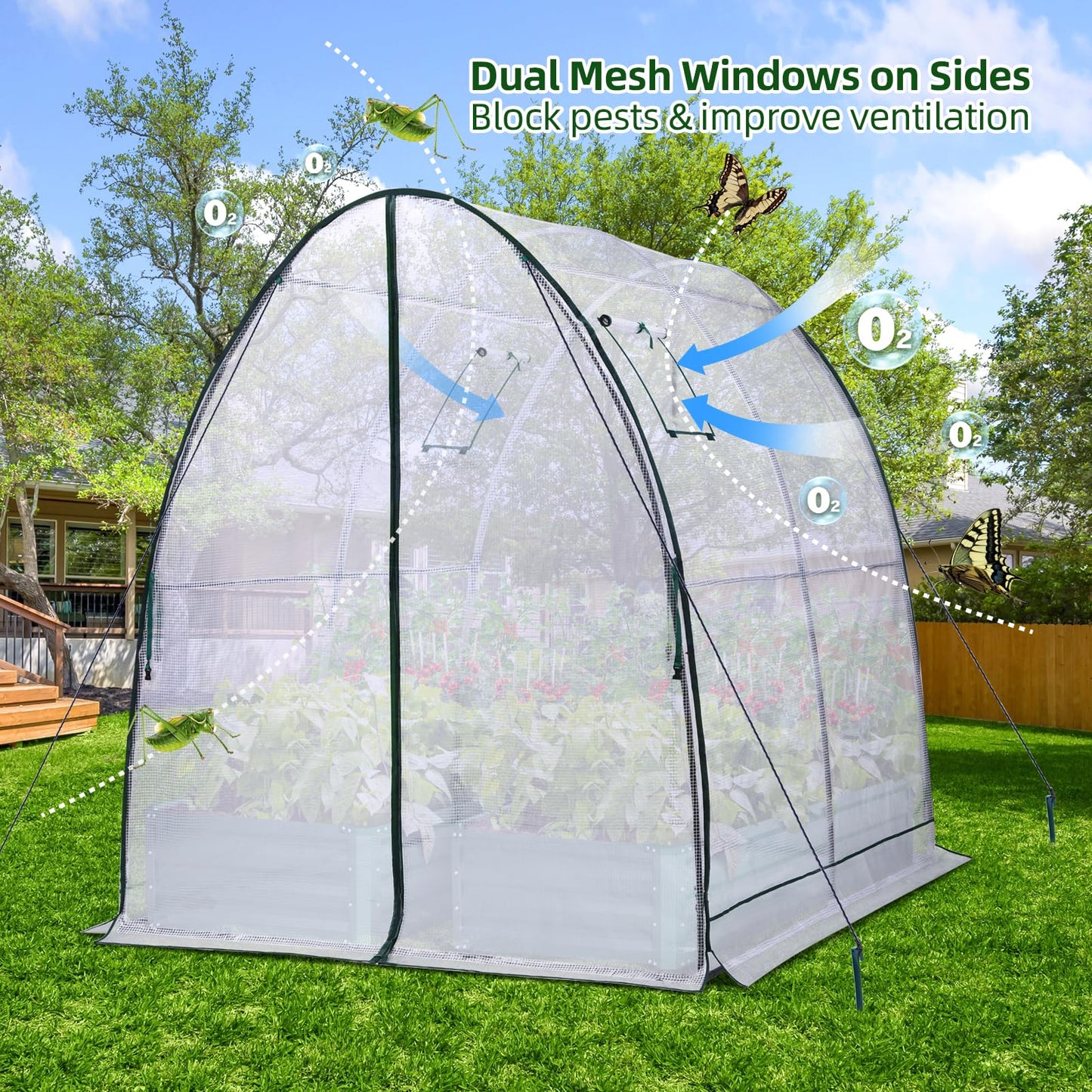 Ohuhu Portable Tunnel Greenhouse Outdoor: Heavy Duty Walk in Green House with Mesh Windows Durable Plastic PE Cover for Outside, 1.8x1.8x2m, White