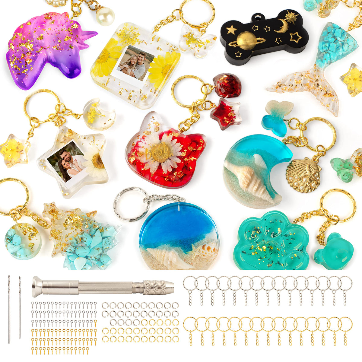 Mocoosy 182Pcs Resin Moulds Silicone Kit, 32 Pendants Epoxy Resin Moulds Keychain Making Set, Silicone Resin Keyring Mould, DIY Jewelry Resin Keychain