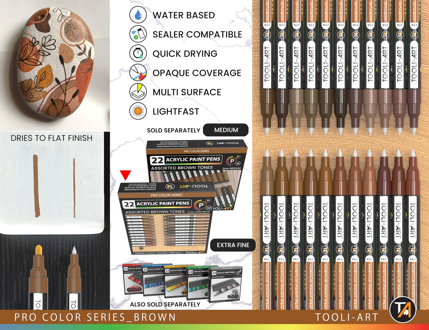 Acrylic Paint Pens 22 Brown Tones Assorted Pro Colour Series Markers Set 0.7mm Extra Fine Tip for Rock Painting, Glass, Mugs, Wood, Metal, Canvas,