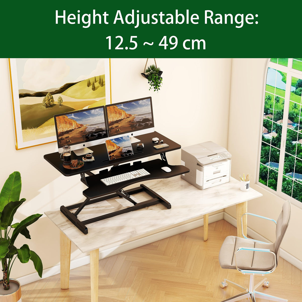 Lubvlook Standing Desk Converter, 37.4"/95cm Wide Height Adjustable Sit Stand Desk Riser for Dual Monitors with Keyboard Tray, Black