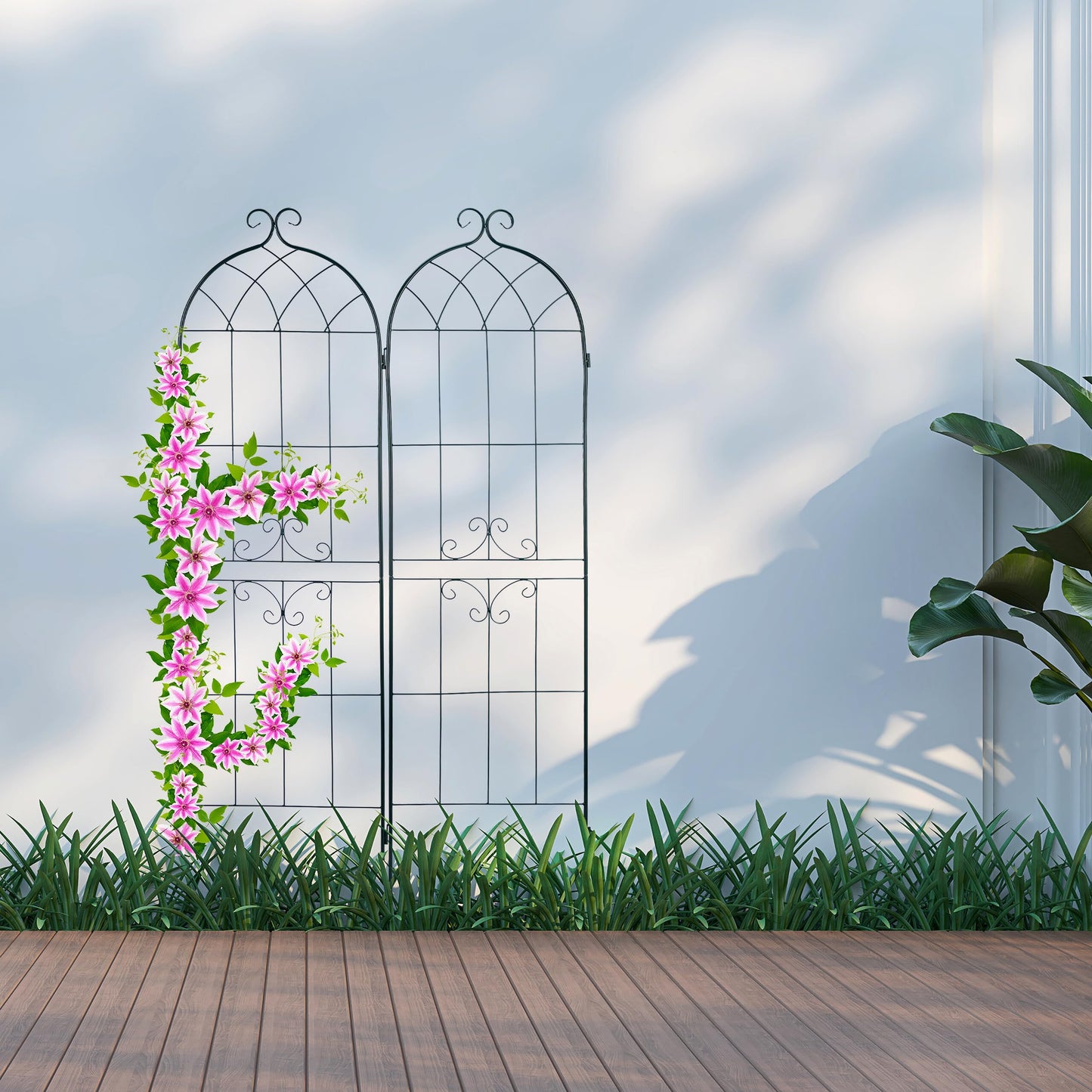 Relaxdays Trellis Set of 2, Metal, 180 x 50 cm, Garden Climbing Aid, Vintage, Curved, Interlocking, Dark Green