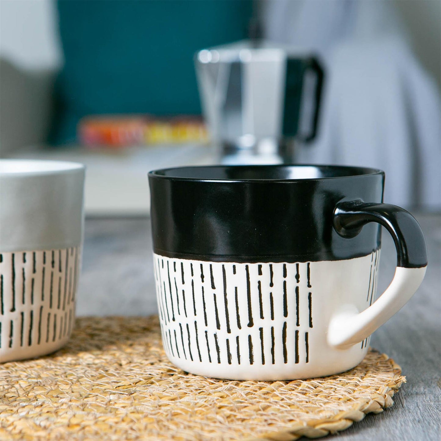 450ml Black Colour Block Dash Stoneware Coffee Mugs - Pack of Six