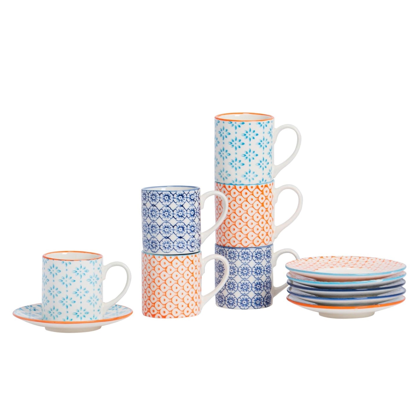 12pc 65ml Hand-Printed Stoneware Multicoloured Espresso Cup & Saucer Set
