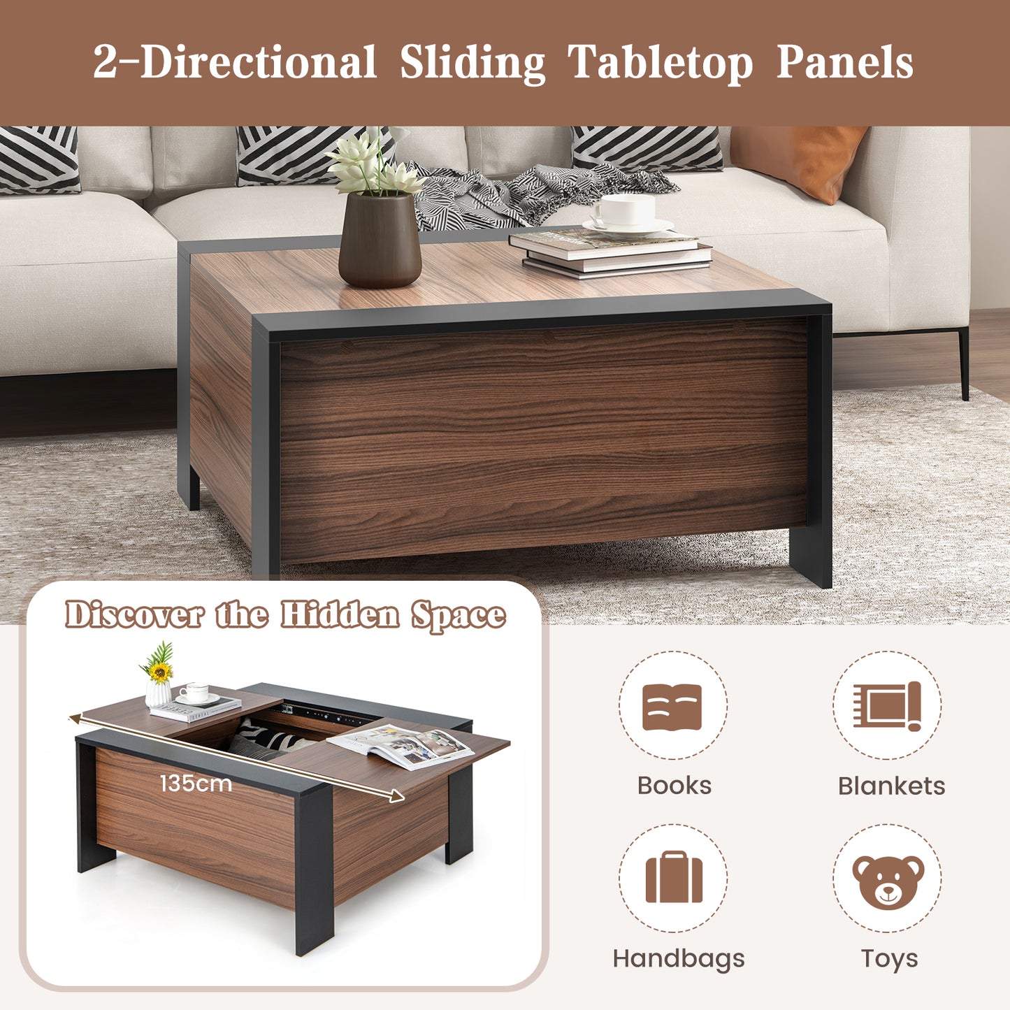 92cm Square Coffee Table with Sliding Top and Hidden Compartment-Grey