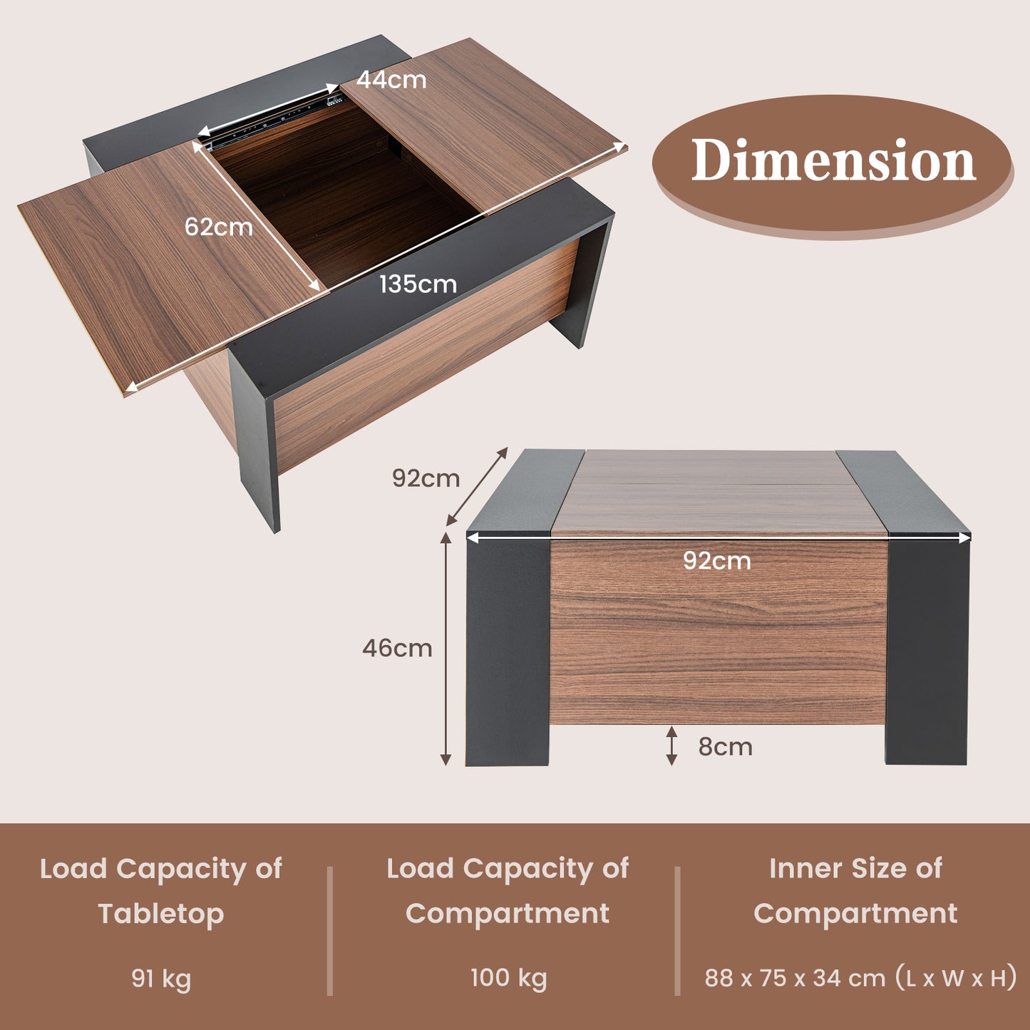 92cm Square Coffee Table with Sliding Top and Hidden Compartment-Grey