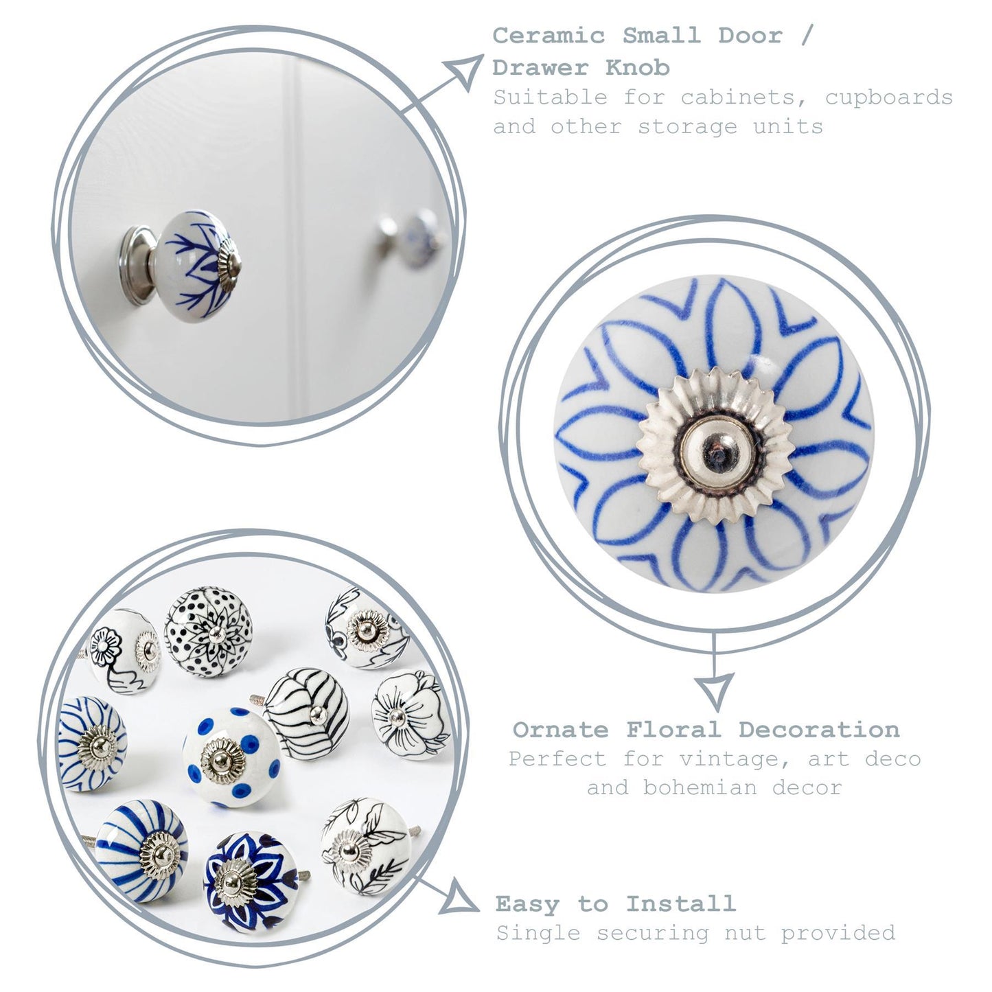 Round Ceramic Cabinet Knobs - Flower - 9 Colours