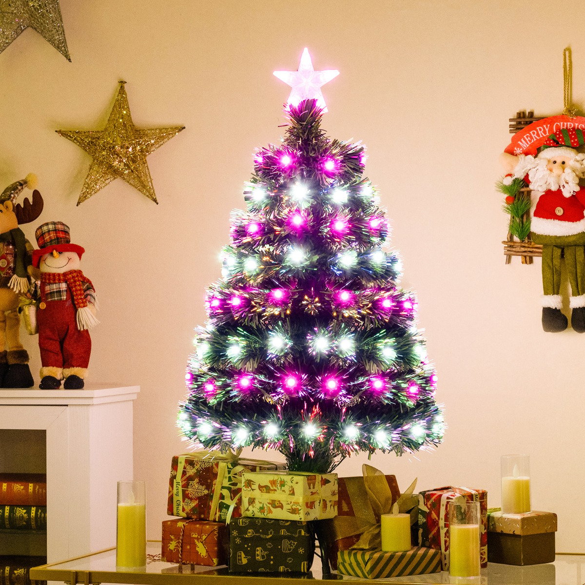 93 CM Pre-Lit Artificial Christmas Tree Xmas Tree with Multicolored Optical Fibers