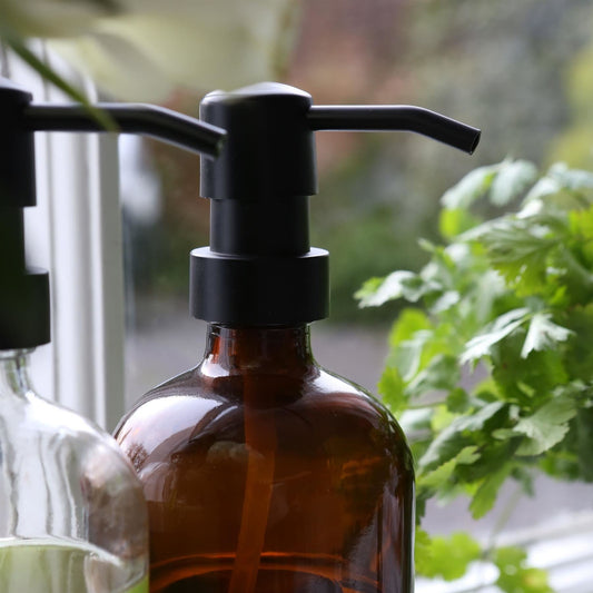 2pc 500ml Amber Glass Soap Dispenser with Black Labels & Bamboo Tray