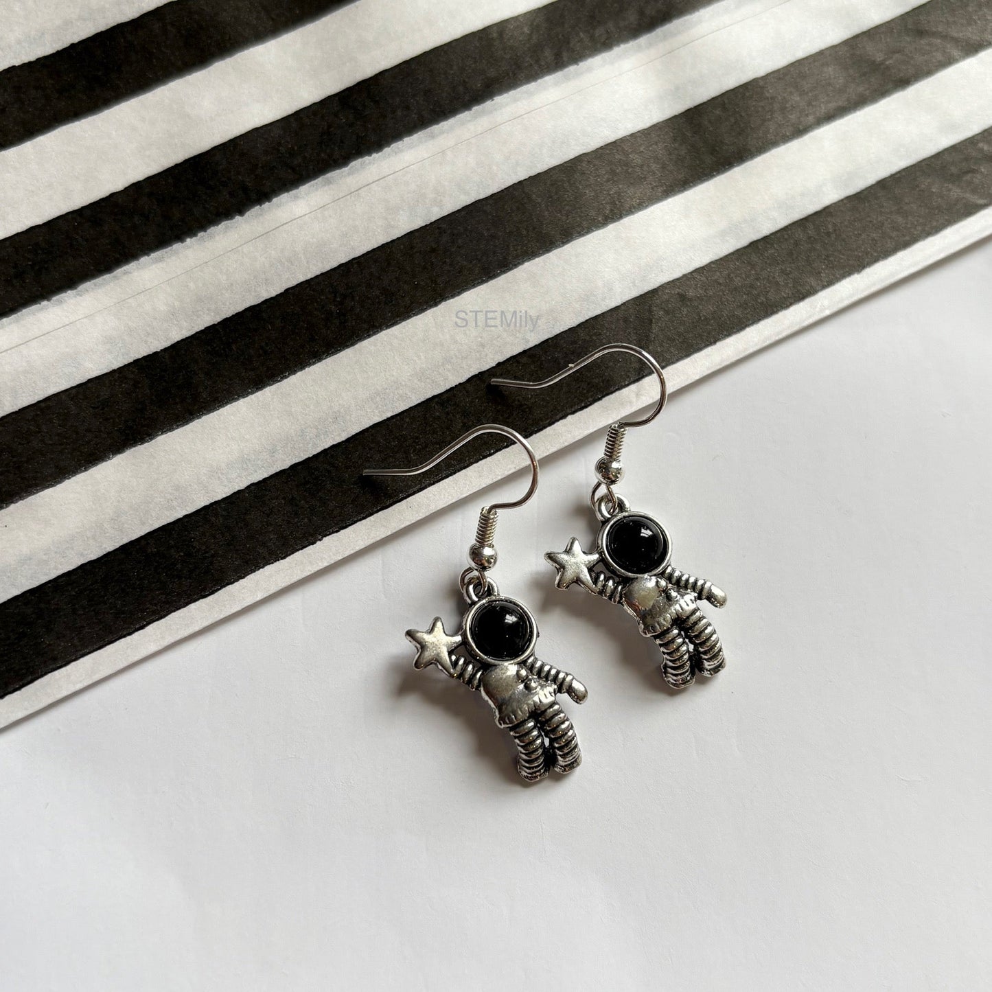 Silver spaceman astronaut drop dangle earrings