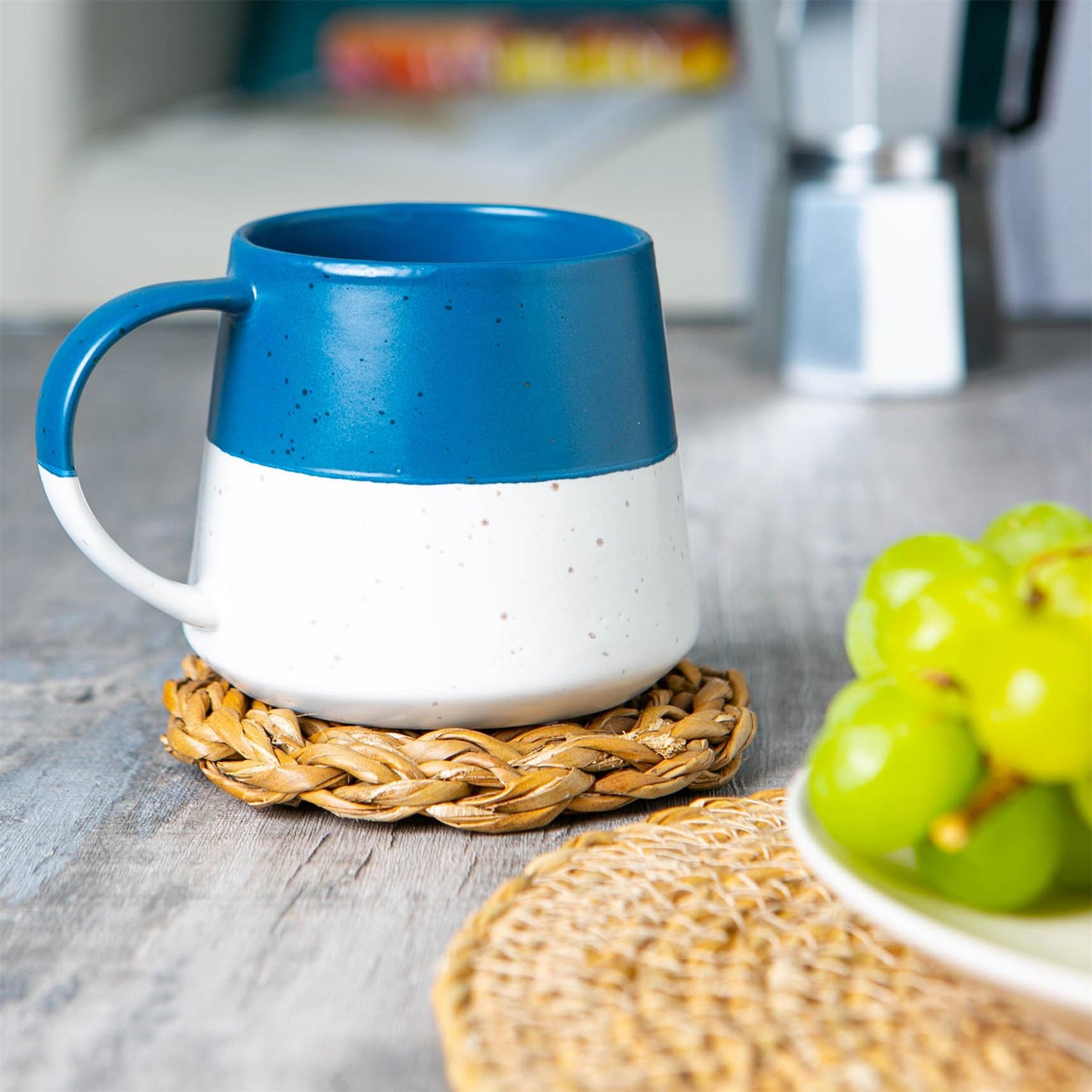 370ml Blue Colour Block Flecked Stoneware Belly Mugs - Pack of Four