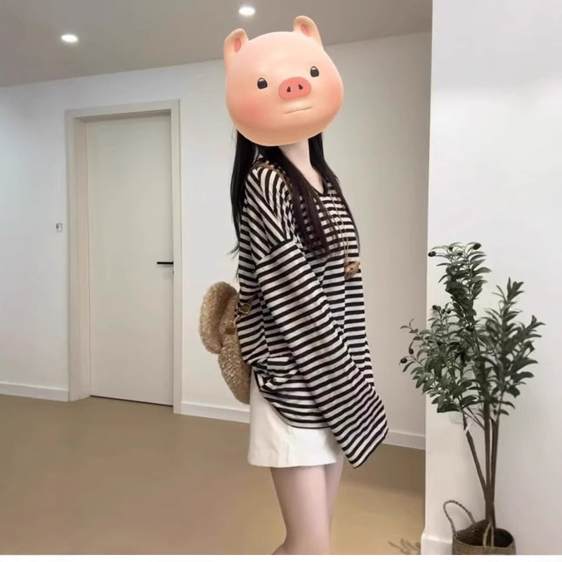 Sun Protection Loose Long Sleeve Women's Striped Mid-length Top