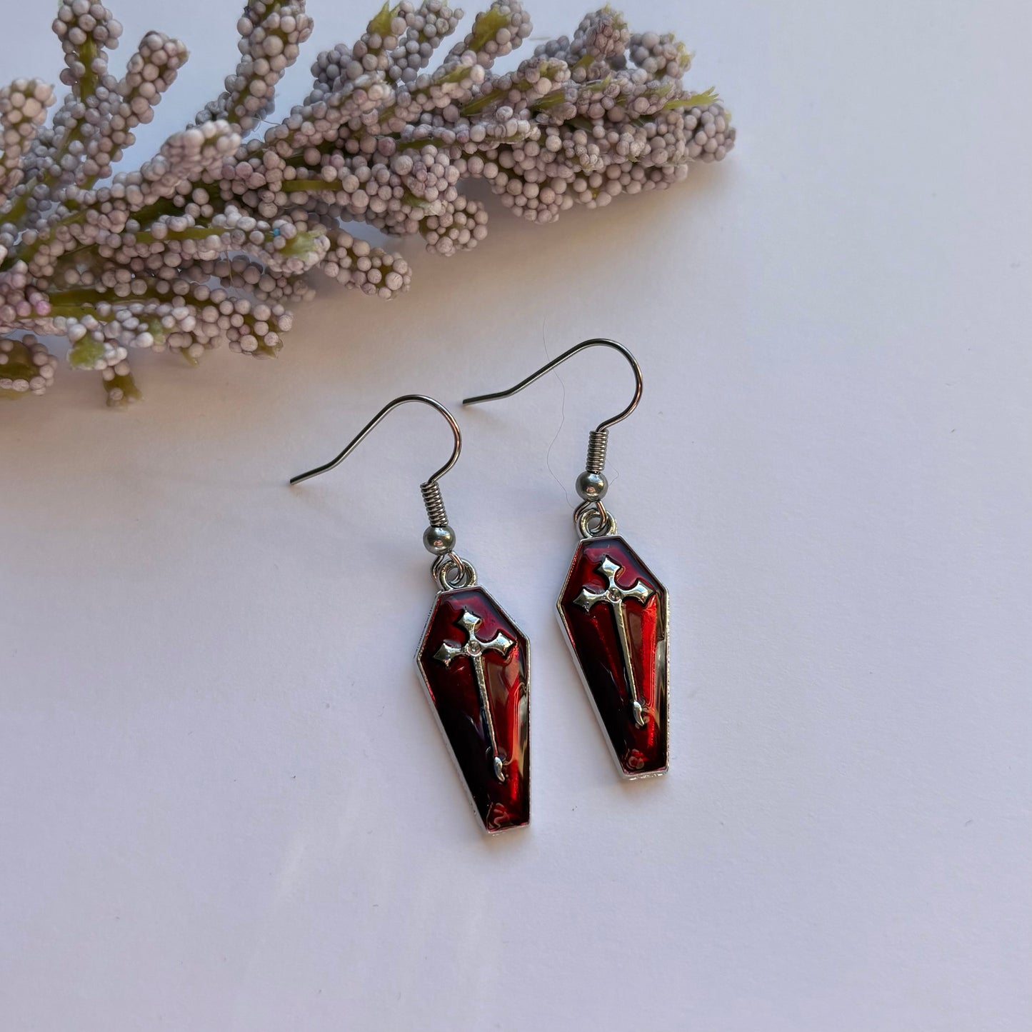 Dark red silver coffin with cross halloween dangle earrings