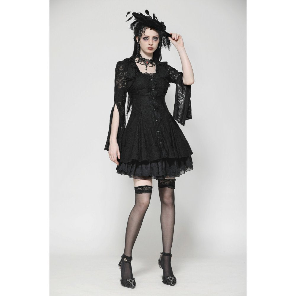 Dark in Love Luca Black Hollow Lace Gemstone Button Adjustable Waist Dress