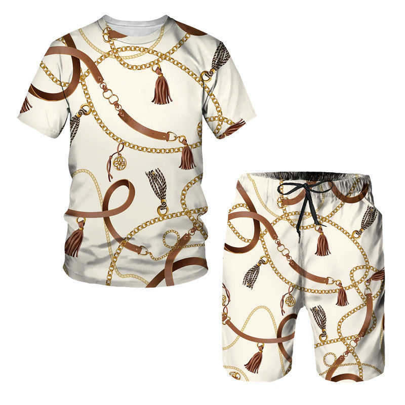 Men's Chain Pattern Digital Printed T-Shirt & Shorts, Two-Pieces Set