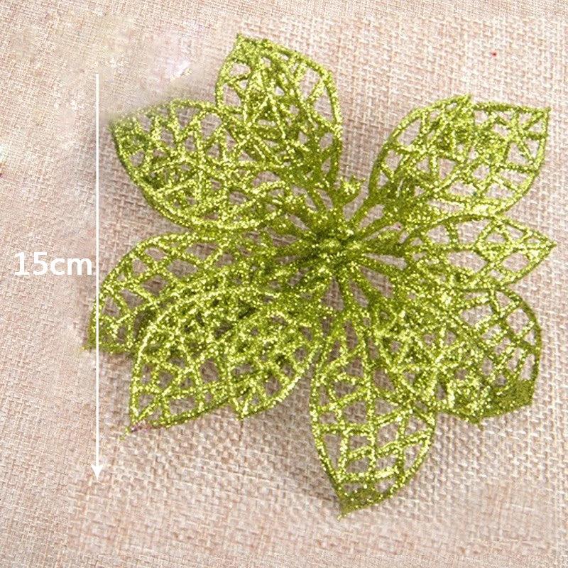 10Pcs/Set Christmas Flowers Xmas Christmas Tree Decorations Glitter Hollow Wedding Party Decor Gold/Silver/Red/Green/Blue 8Z