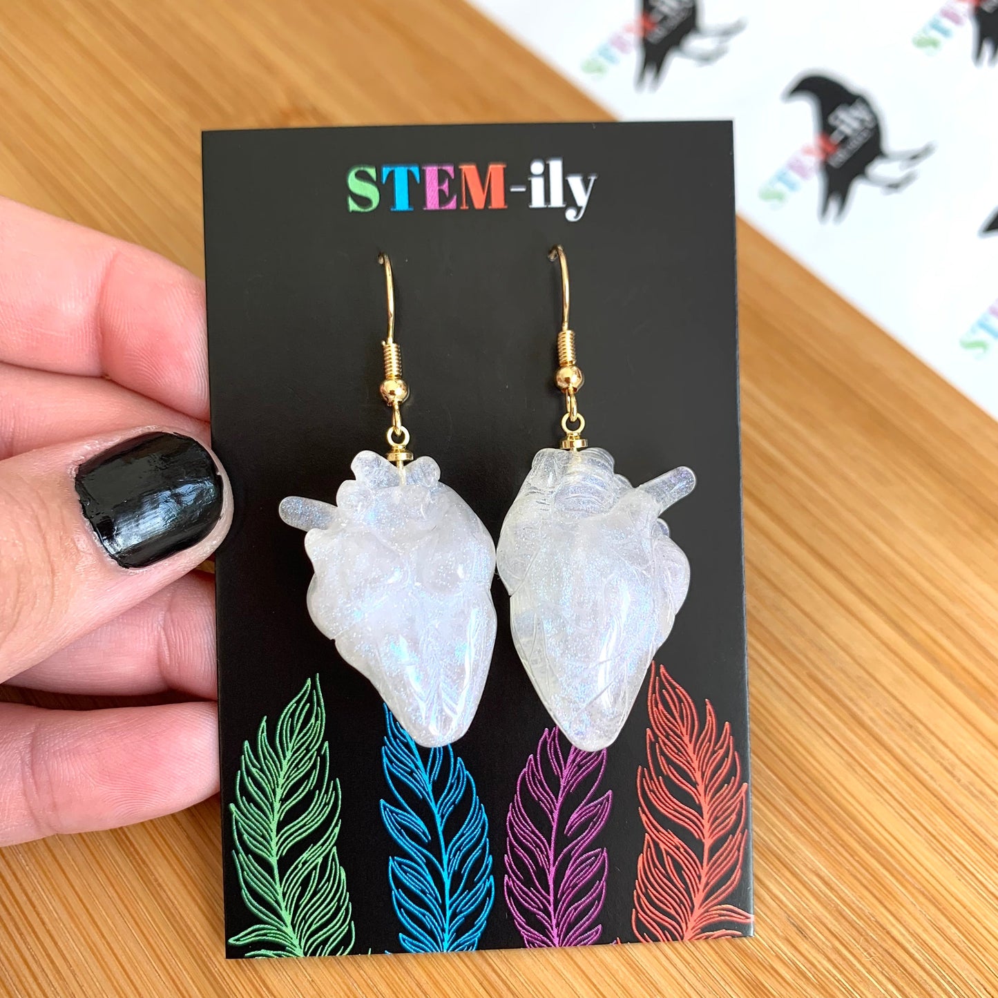 White Anatomical heart handmade resin statement gold earrings on gold plated hooks