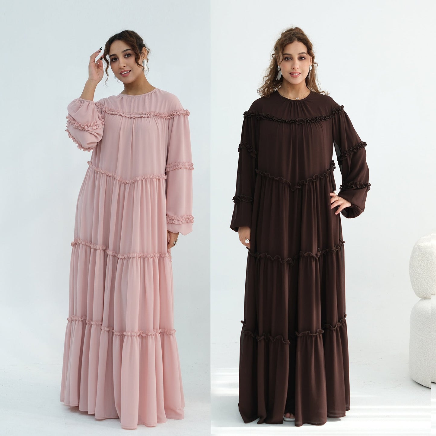 Lace-Trimmed Tiered Modest Dress - Long Sleeve A-Line Maxi