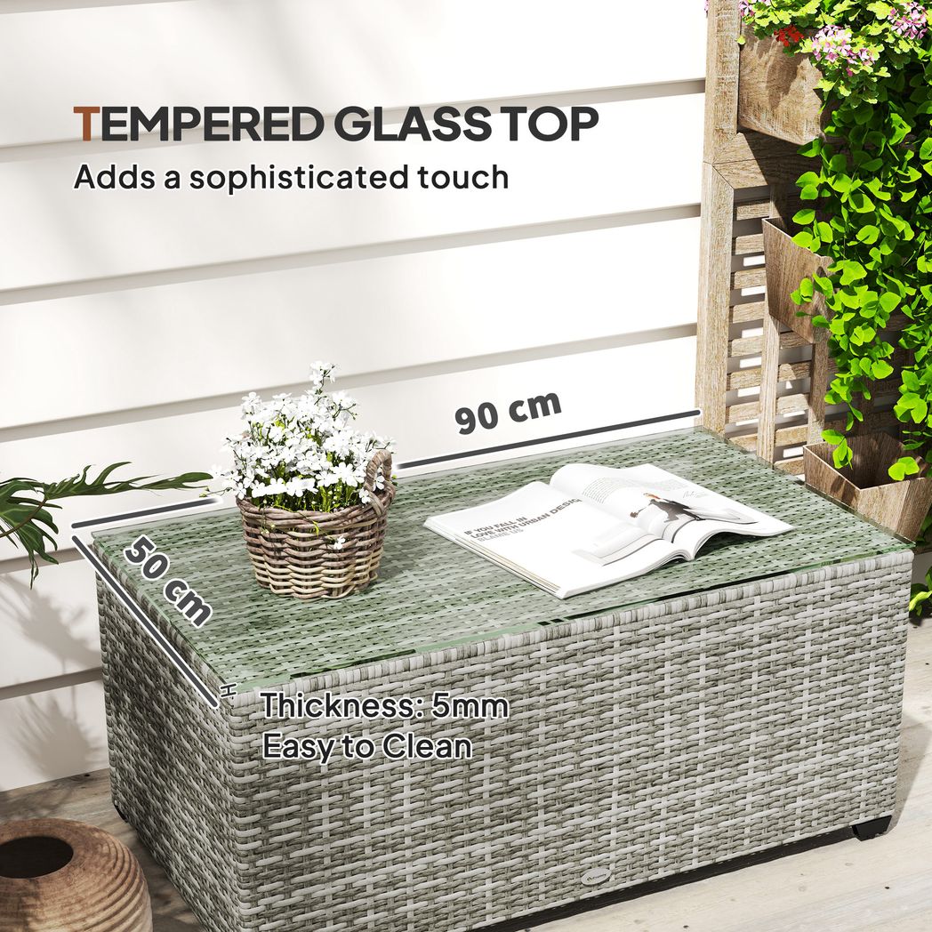 Outsunny Outdoor Coffee Table, Glass Top Rattan Side Table