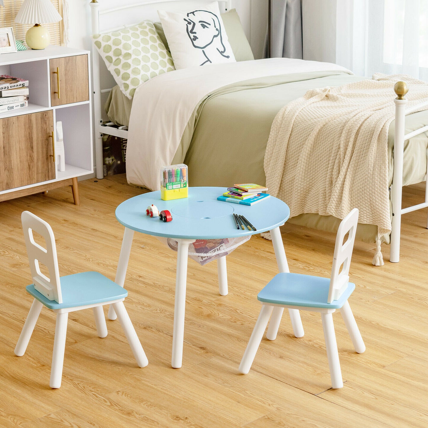 3pcs Wooden Kid's Activity Table Set with Mesh Storage-Blue