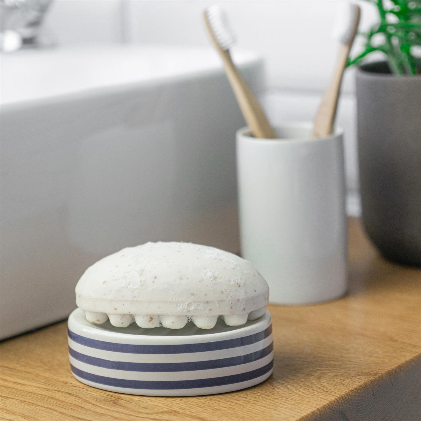 Blue Striped Ceramic Soap Dish