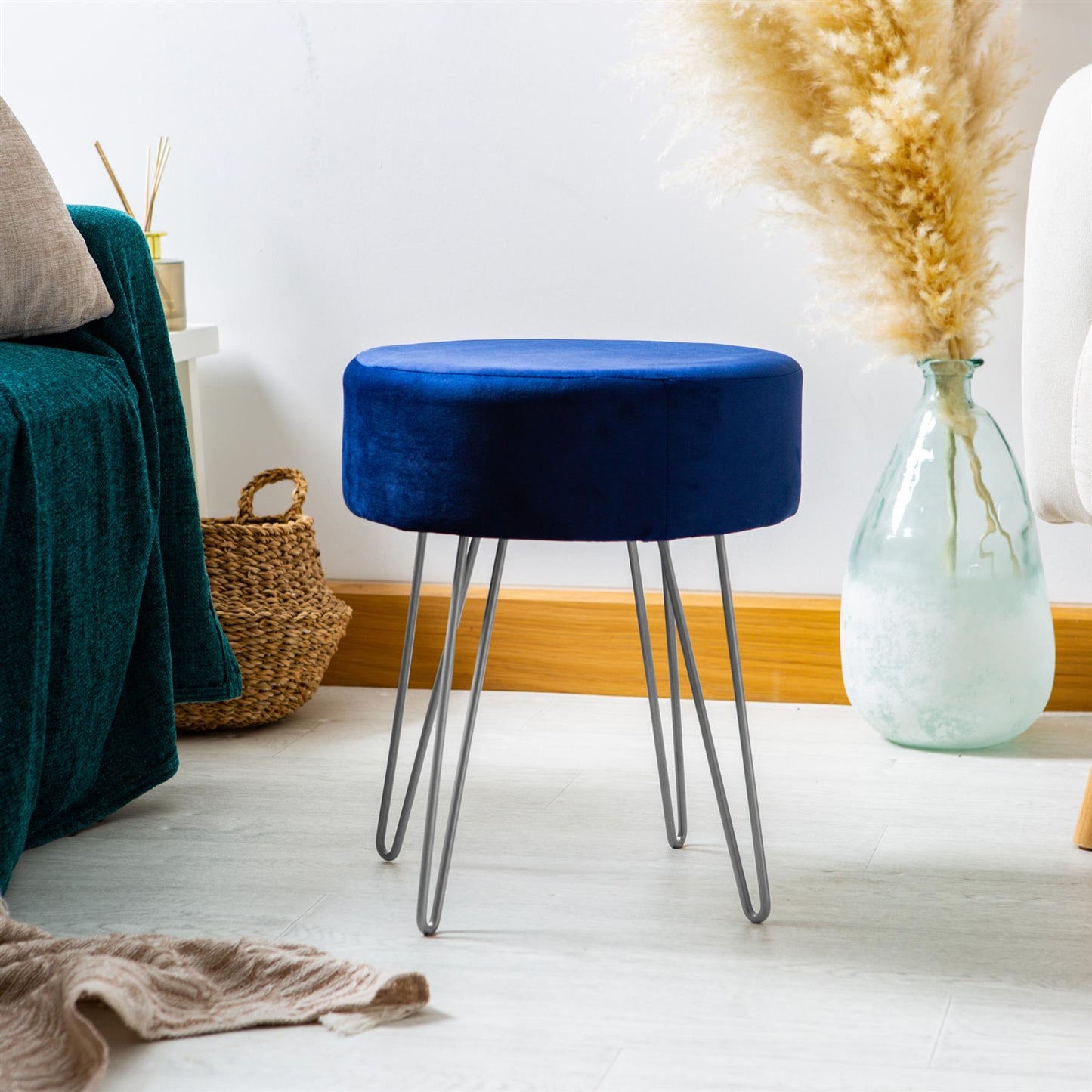 Blue Round Velvet Footstool