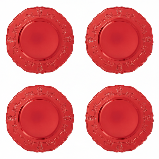 Set of Four 33cm Red Finish Baroque Charger Plates | Dia