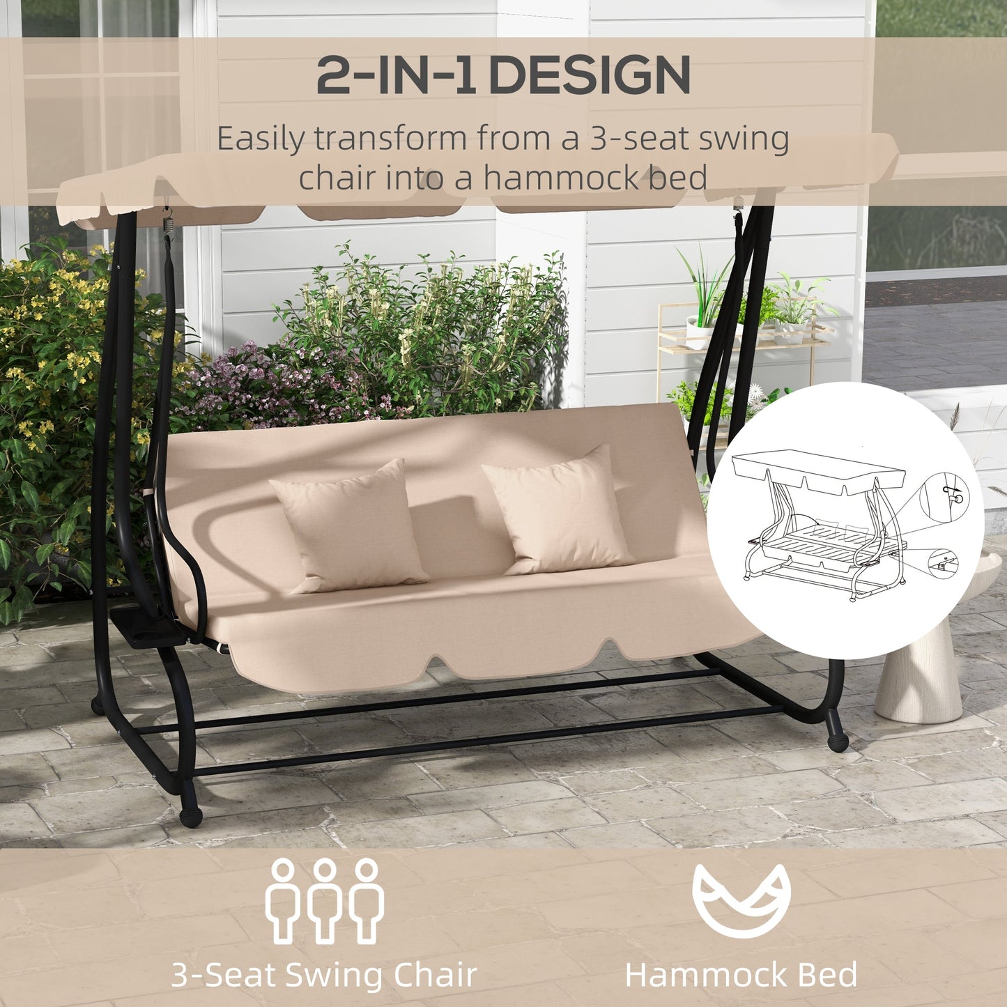 Outsunny 2-in-1 Garden Swing Chair for 3 Person w/ Adjustable Canopy Light Brown