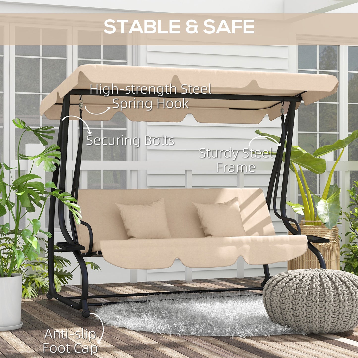 Outsunny 2-in-1 Garden Swing Chair for 3 Person w/ Adjustable Canopy Light Brown