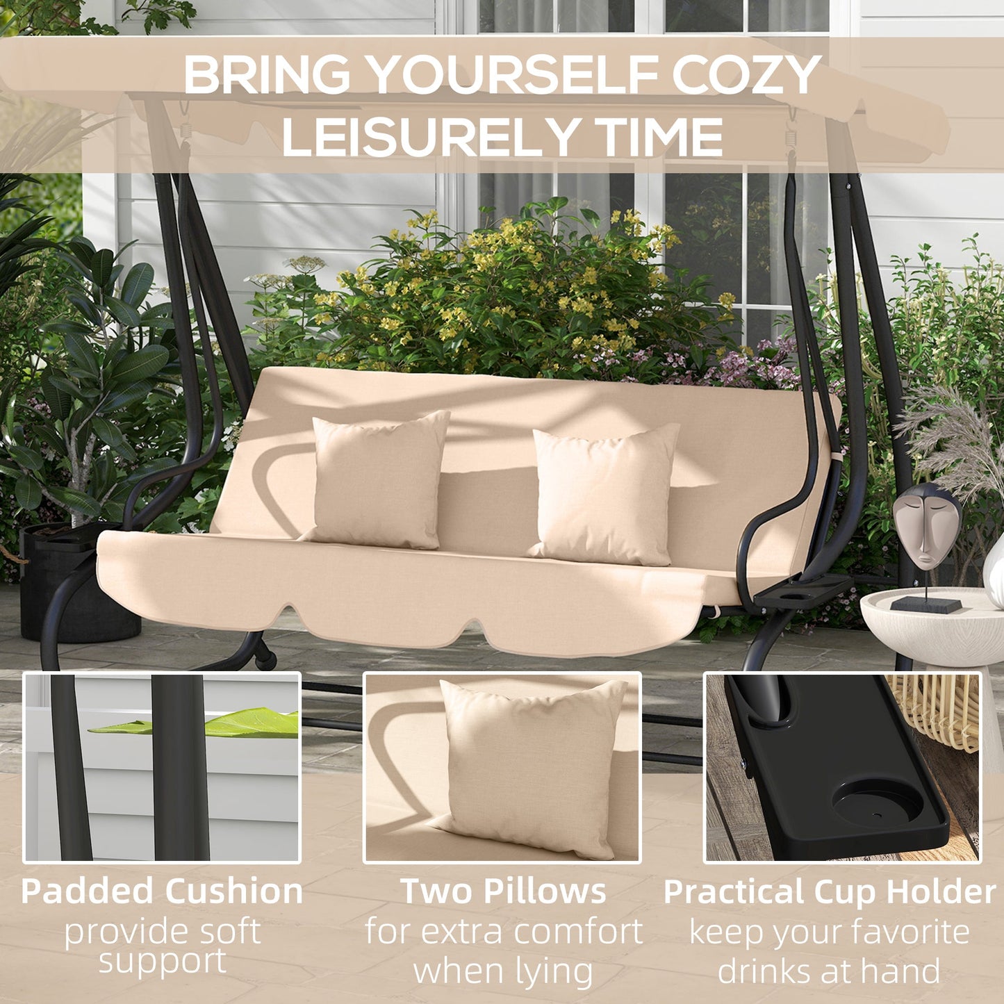 Outsunny 2-in-1 Garden Swing Chair for 3 Person w/ Adjustable Canopy Light Brown