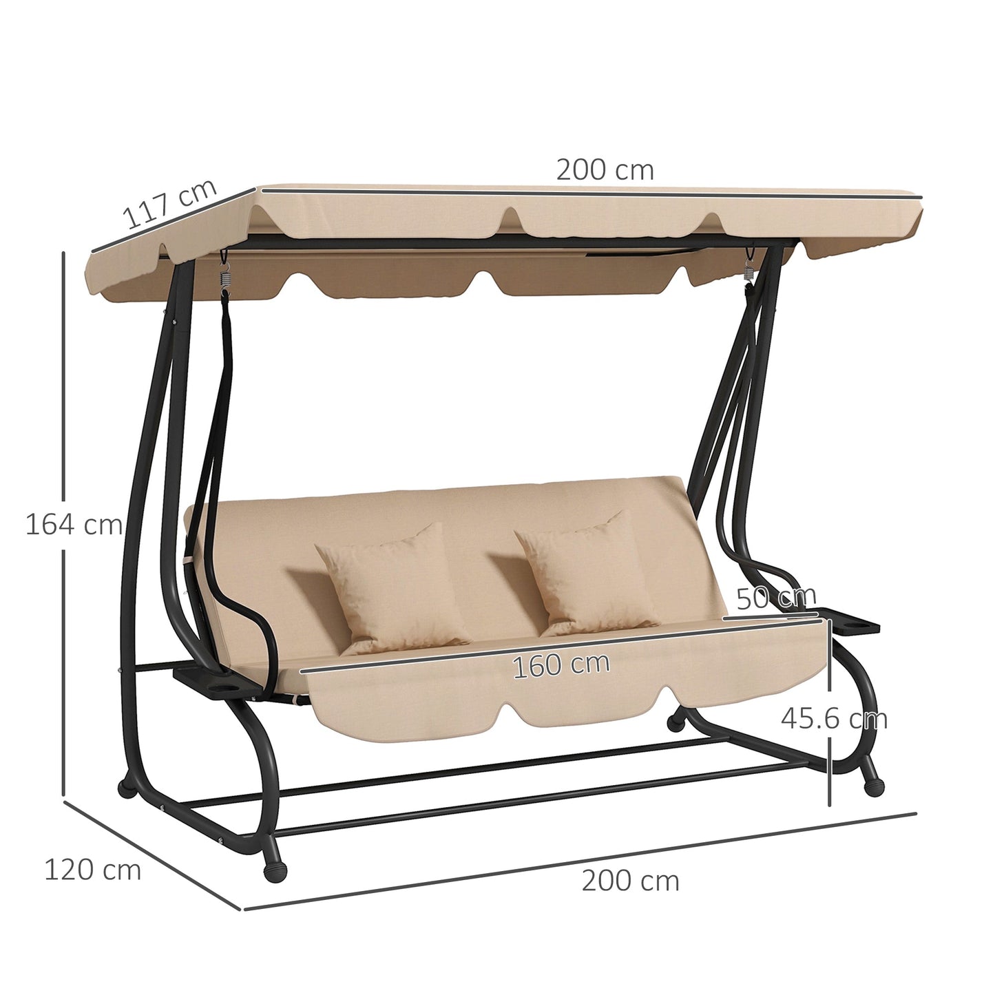 Outsunny 2-in-1 Garden Swing Chair for 3 Person w/ Adjustable Canopy Light Brown