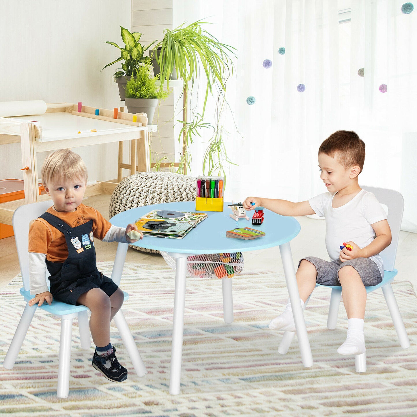 3pcs Wooden Kid's Activity Table Set with Mesh Storage-Blue