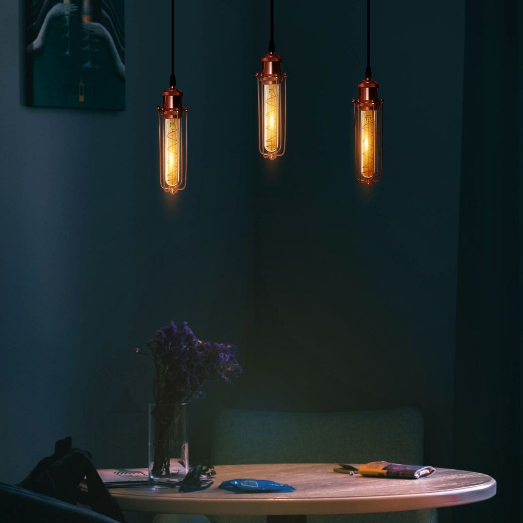 3 Head Rectangle Rose Gold Ceiling E27 Pendant Light with Wire Cage, Industrial Vintage Hanging Lamp Fixture