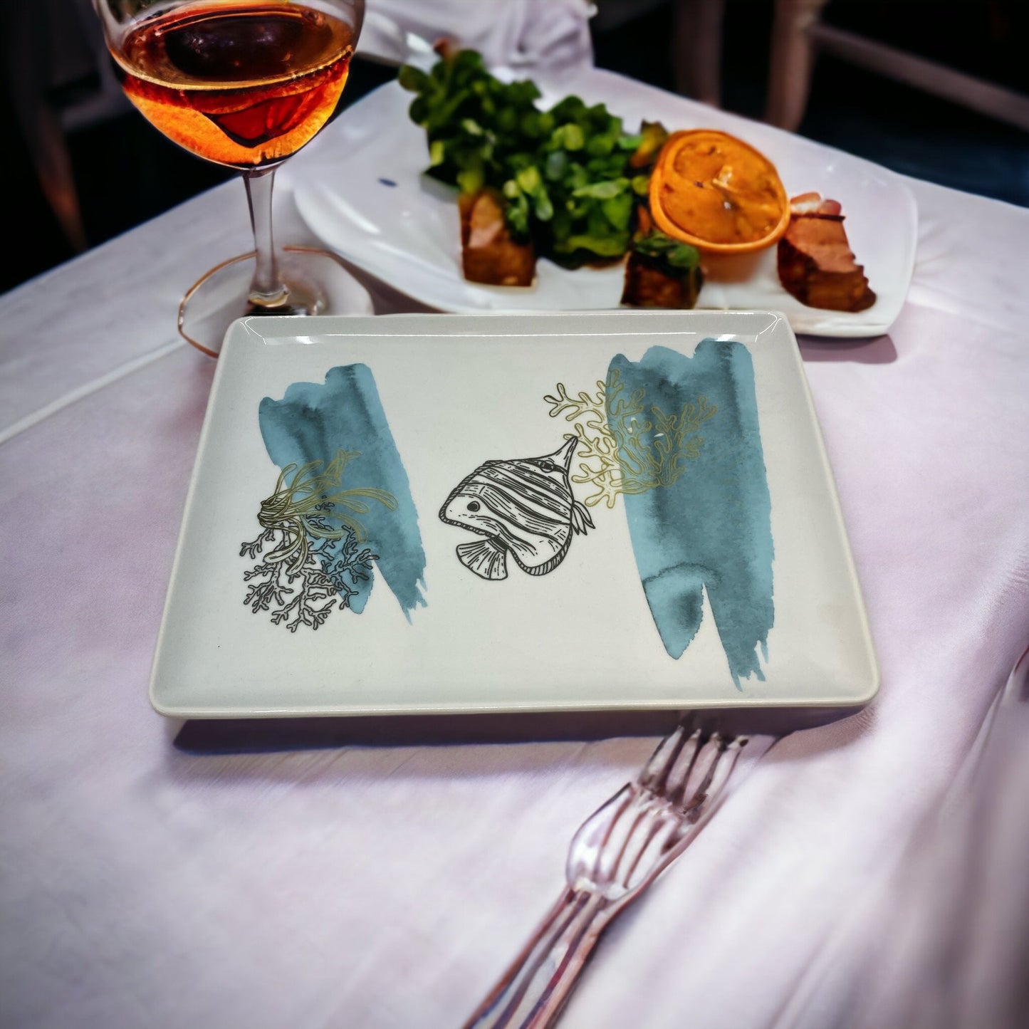 Porcelain Serving Plate - Rochelle, Sea Sketch - 30x22cm