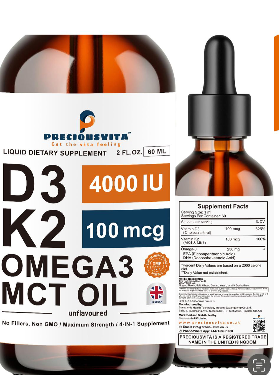 Preciousvita Vitamin D3K2 Liquid Drops,Vitamin D3 4000iu & Vitamin K2 100MCG,Unflavoured,60ml