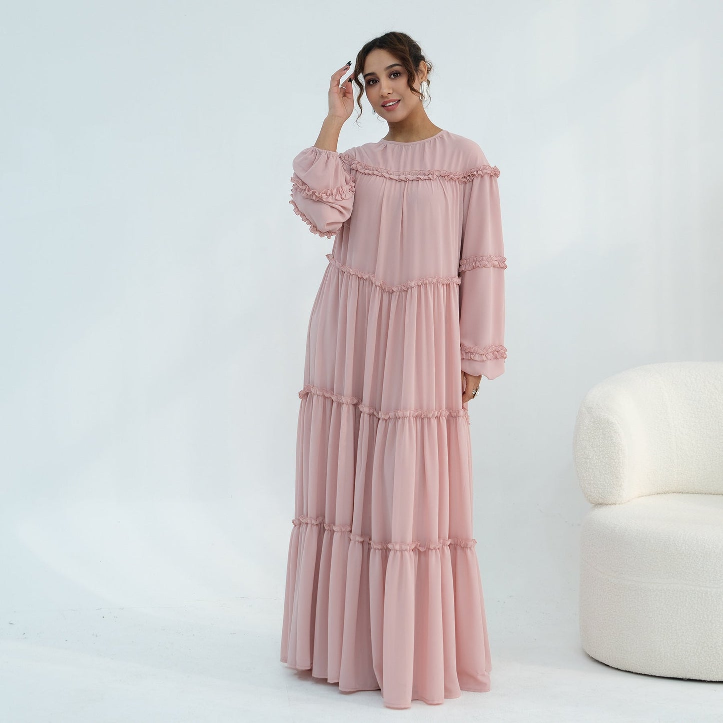 Lace-Trimmed Tiered Modest Dress - Long Sleeve A-Line Maxi