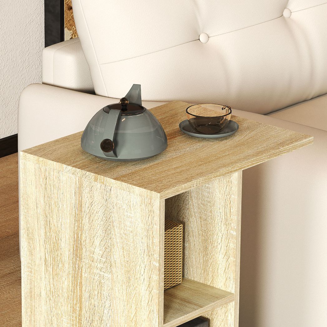 HOMCOM C-Shape End Table Storage Unit w/ 2 Shelves 4 Wheels Home Office