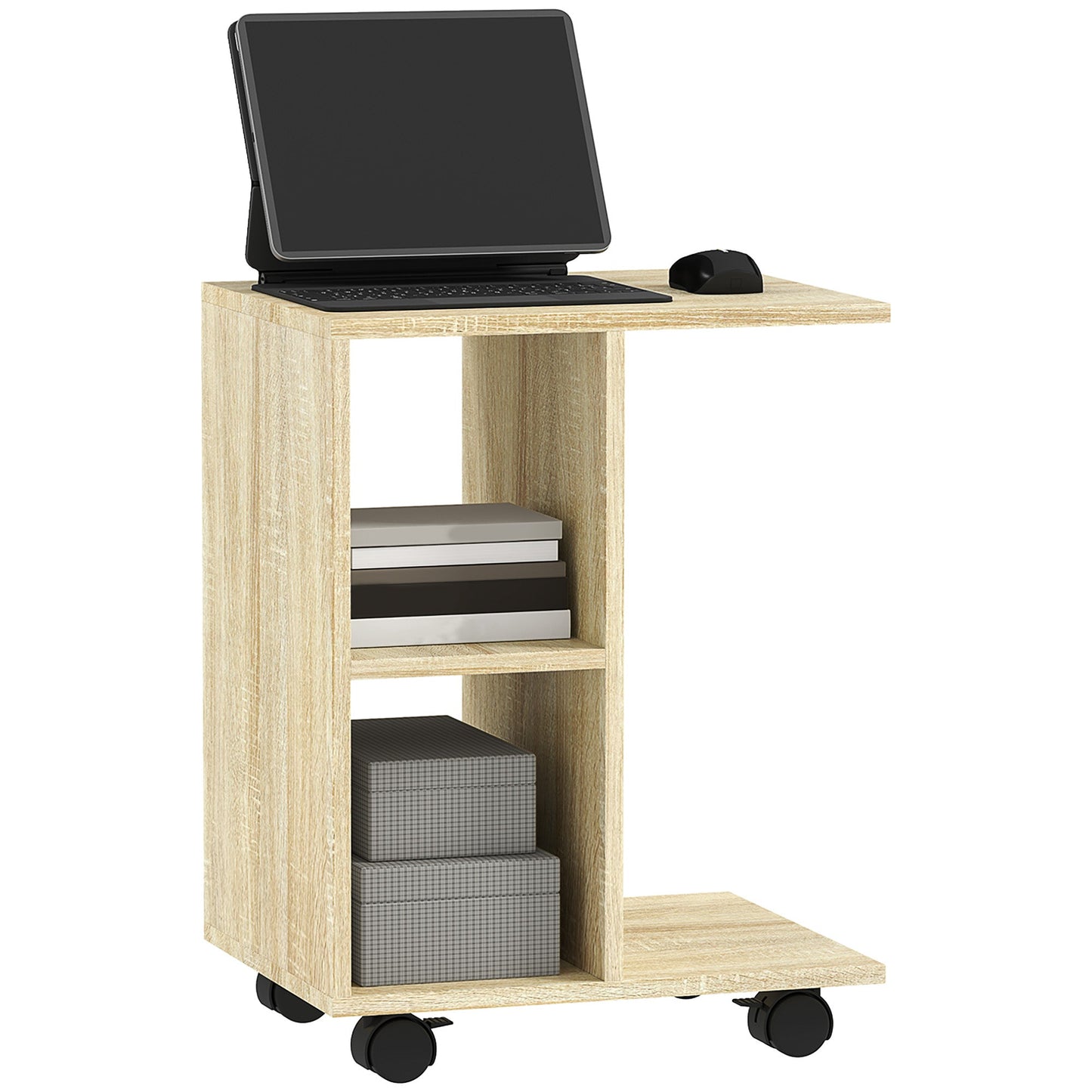 HOMCOM C-Shape End Table Storage Unit w/ 2 Shelves 4 Wheels Home Office