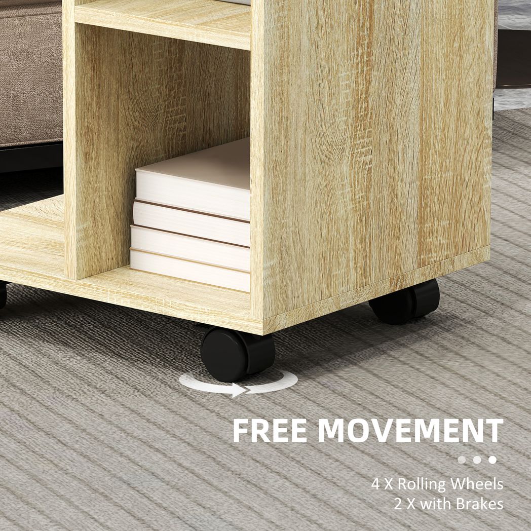 HOMCOM C-Shape End Table Storage Unit w/ 2 Shelves 4 Wheels Home Office