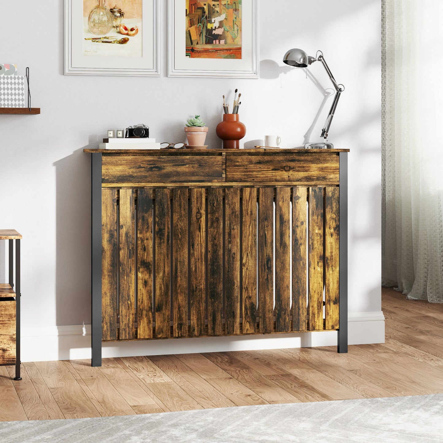 HOMCOM Small Radiator Cover with Drawer and Vertical Slats 88.5 x 19 x 93cm