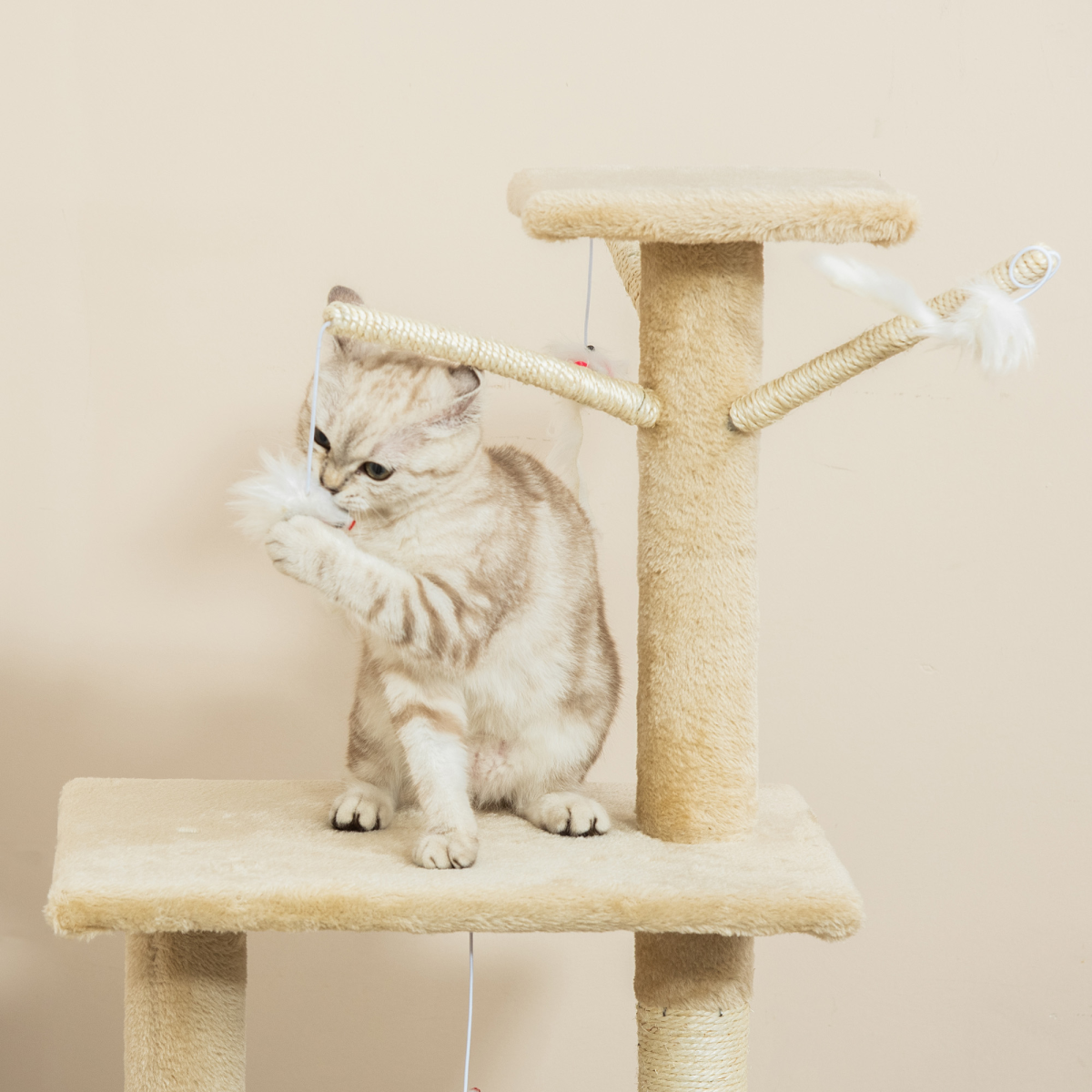 Cat Tree Kitty Activity Centre Condo Scratching Post with Toys Beige 131cm