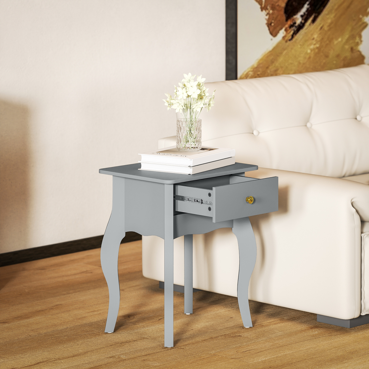 HOMCOM End Table French Style Small Table with Drawer and Curved Legs, Grey