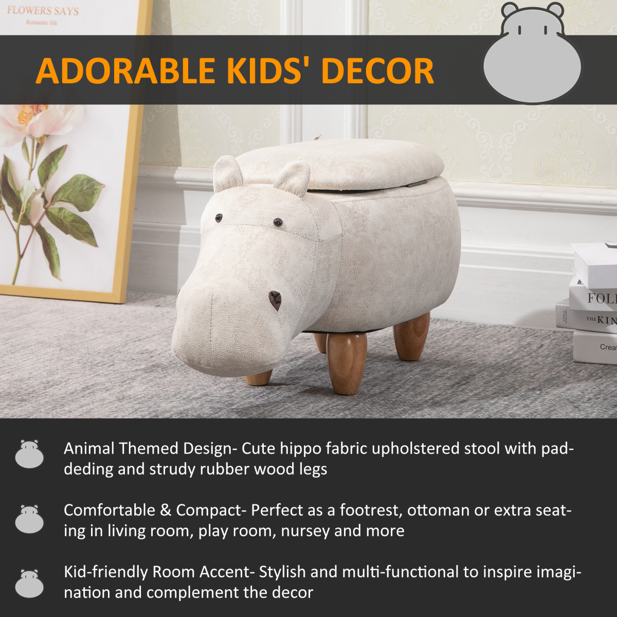 HOMCOM Hippo Storage Stool Cute Decoration Footrest Wood Frame Legs Cream