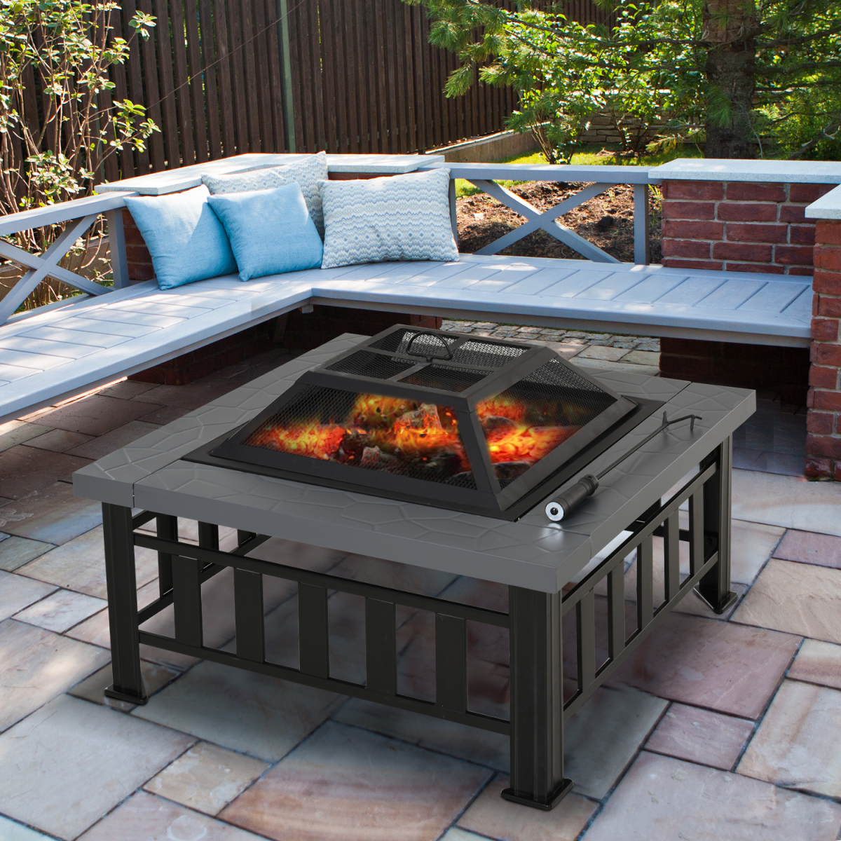 Outsunny Fire Pit, Square Shape, W/Waterproof Cover-Black/Grey