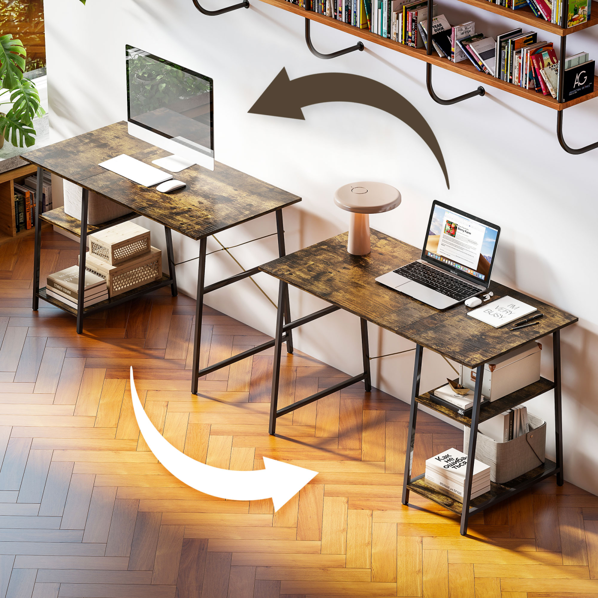 HOMCOM Computer Table Wor Desk with Shelves & Steel Frame, Rustic Brown