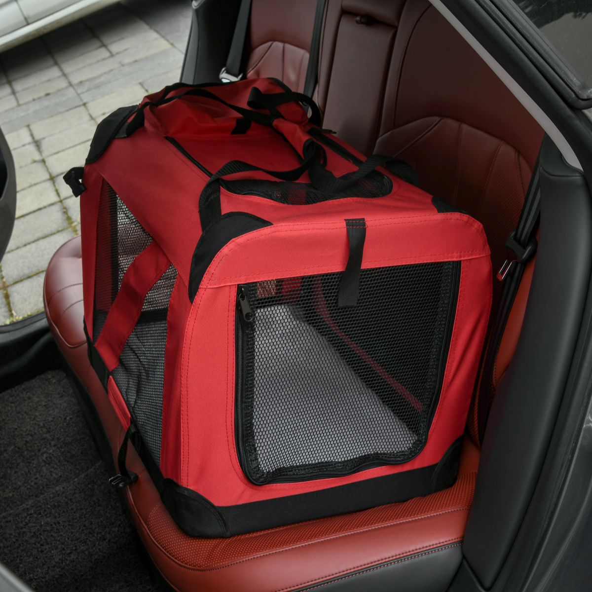 Folding Pet Carrier Bag Soft Portable Cat Travel Cage, 60x42x42 cm, Red