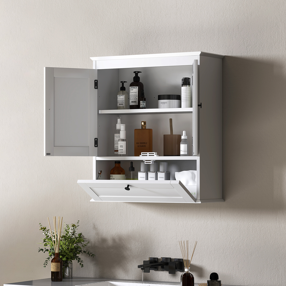 HOMCOM Bathroom Cabinet Wall Mounted with Adjustable Shelf, White