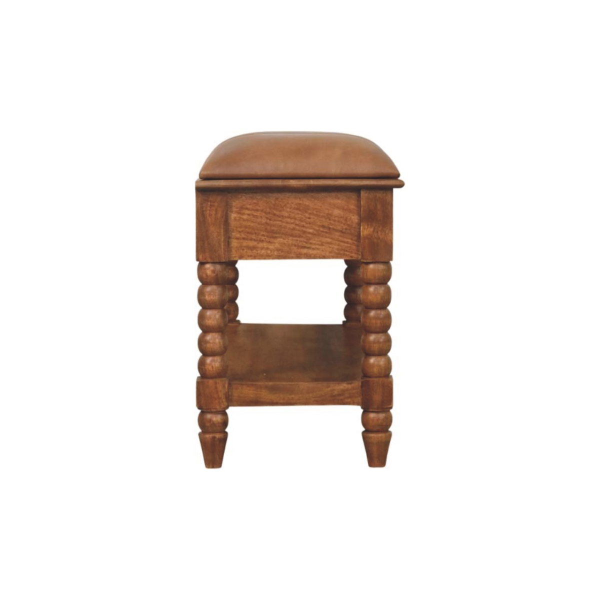 Artisan Furniture Solid Wood Upholstered Leather Spindle Bench, 2 Drawers, 1 Shelf, Brown