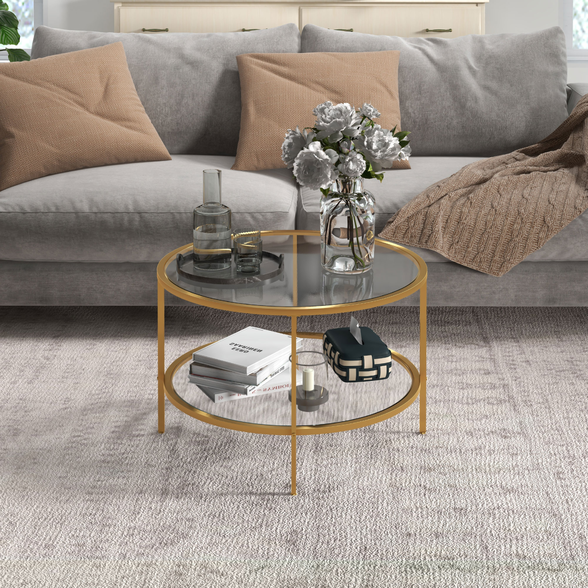 HOMCOM Round Coffee Table with Storage Shelf and Tempered Glass Top, Gold